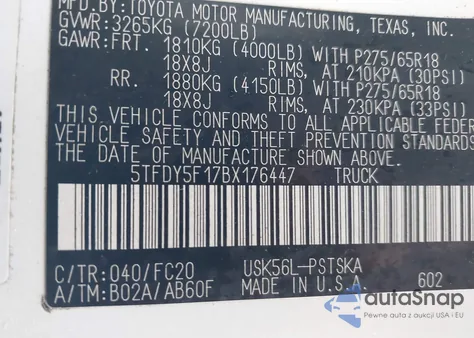 2011 Toyota Tundra Grade 5.7L V8 from USA, damaged, VIN 5TFDY5F17BX176447